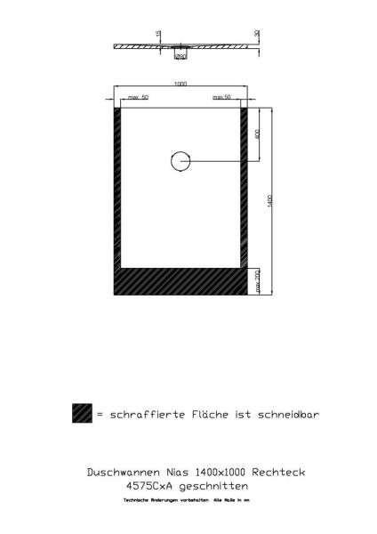 Hoesch Duschwanne Nias gesschnitten 1400x1000x35 strukturierte Oberfläche