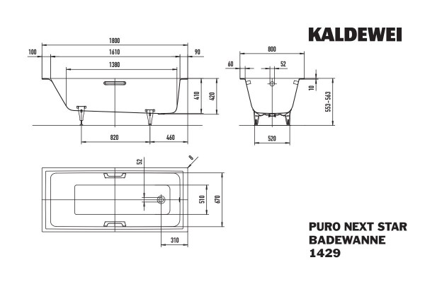 Kaldewei Badewanne PURO NEXT STAR Modell 1429, 1800x800 mm, schwarz, Antislip, 142930000701