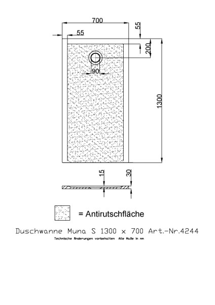 Hoesch Duschwanne Muna S 1300x700x30 mit Antirutsch