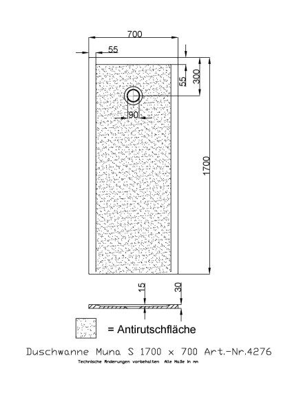 Hoesch Duschwanne Muna S 1700x700x30 mit Antirutsch
