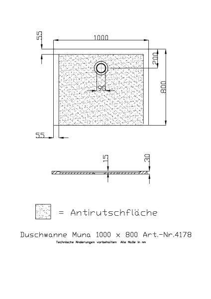 Hoesch Duschwanne Muna 1000x800x30 mit Antirutsch