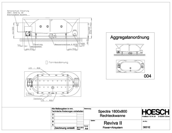 Hoesch Whirlwanne Spectra Rechteck 1800x800 mit System Reviva II Power+ Air
