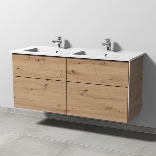 Sanipa 3way Keramik-Set Venticello Keramik-Doppelwaschtisch und Unterbau mit 4 Auszügen, Eiche Natur