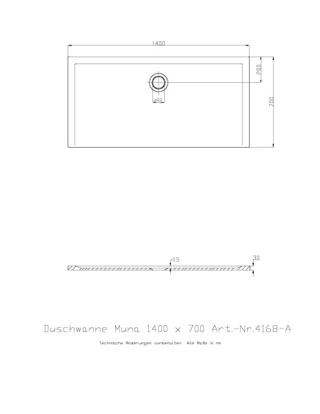 Hoesch Duschwanne Muna 1400x700x30 ohne Antirutsch