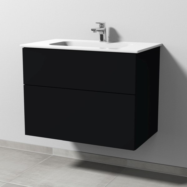Sanipa 3way Keramik-Set Design Keramik-Waschtisch und Unterbau mit 2 Auszügen, Schwarz-Matt
