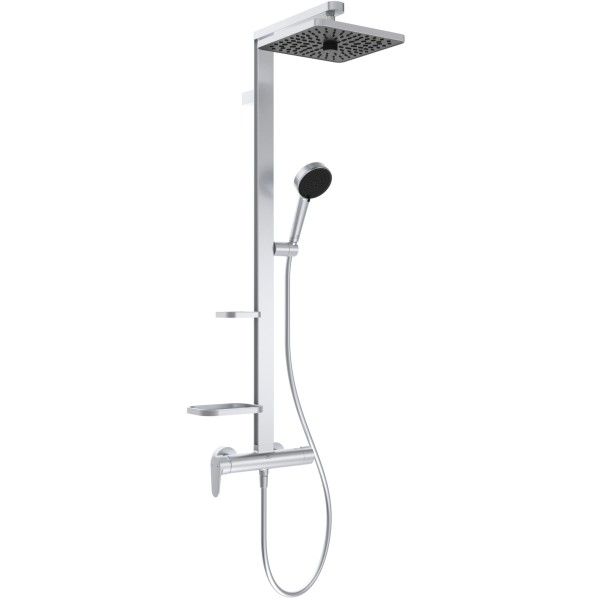 Ideal Standard Duschsystem CeraflowAlu+ mit Brausearm. 2 Ablagen, 2-fach-Handbrause und eckiger 2-fa