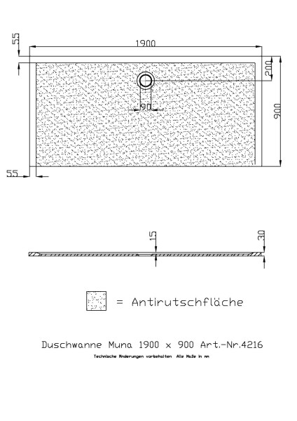 Hoesch Duschwanne Muna 1900x900x30 mit Antirutsch
