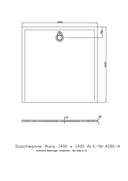 Hoesch Duschwanne Muna S 1400x1400x30 ohne Antirutsch