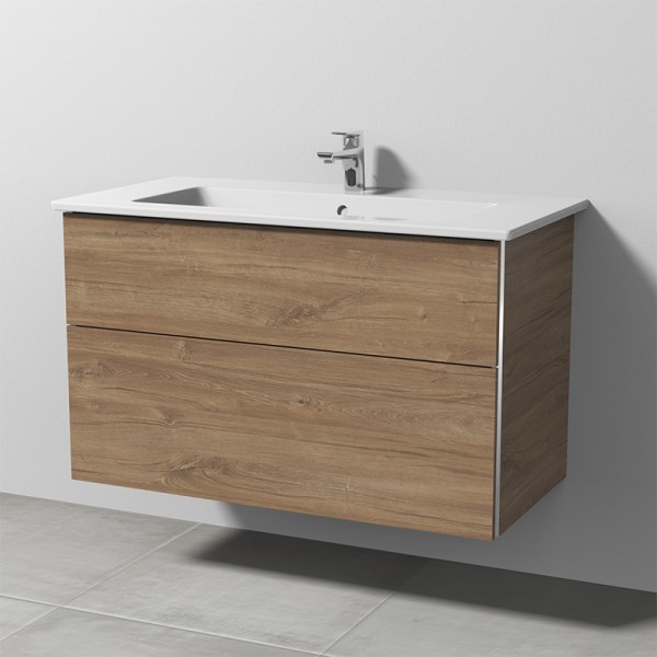 Sanipa 3way Keramik-Set Venticello Keramik-Waschtisch und Unterbau mit 2 Auszügen, Eiche-Kansas