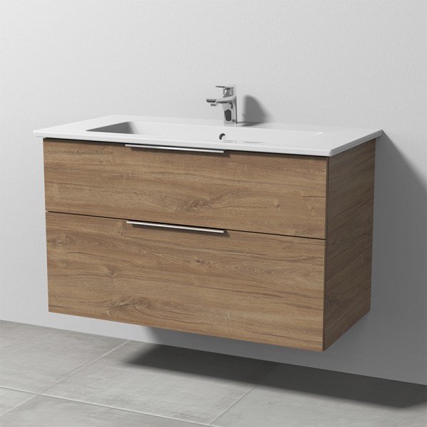 Sanipa 3way Keramik-Set Venticello Keramik-Waschtisch und Unterbau mit 2 Auszügen, Eiche-Kansas
