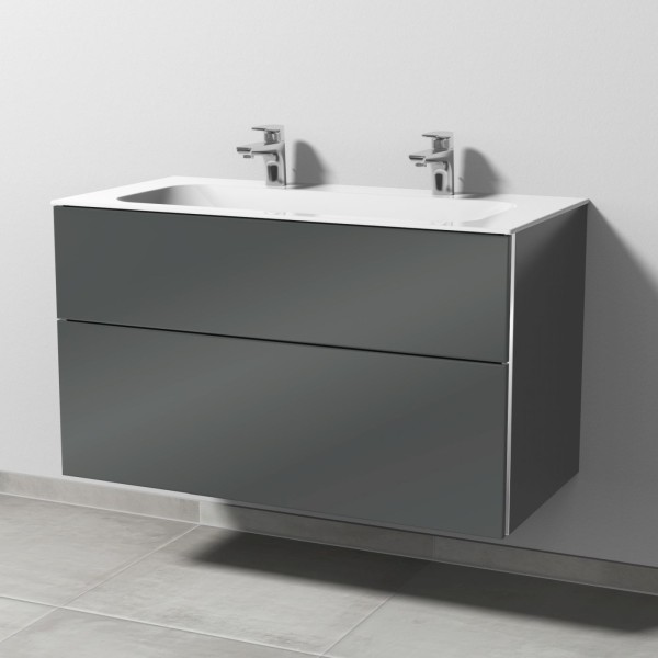 Sanipa 3way Keramik-Set Finion Keramik-Doppelwaschtisch und Unterbau mit 2 Auszügen, Anthrazit-Glanz