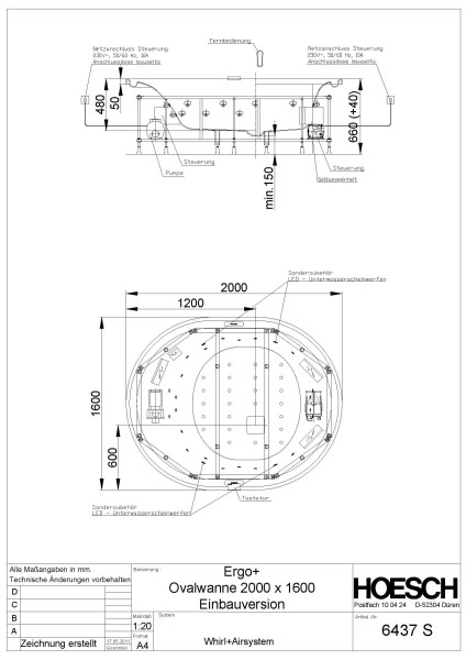 Hoesch Whirlwanne Ergo+ Oval 2000x1600 freistehend mit System Kombi-System Weiss/Chrom/Glas Schwarz