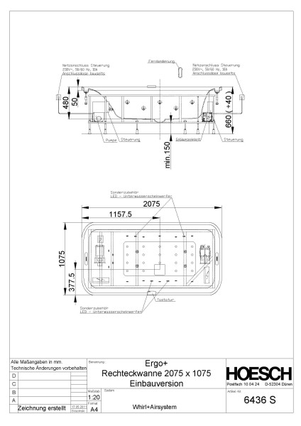 Hoesch Whirlwanne Ergo+ Rechteck 2075x1075 freistehend mit System Kombi-System Weiss/Chrom/Glas Schw