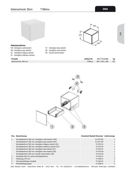 Ideal Standard Schubladenfront DEA, für SS b:300mm, TV075S9 mit Ablage, Dunkle Lärche Dekor