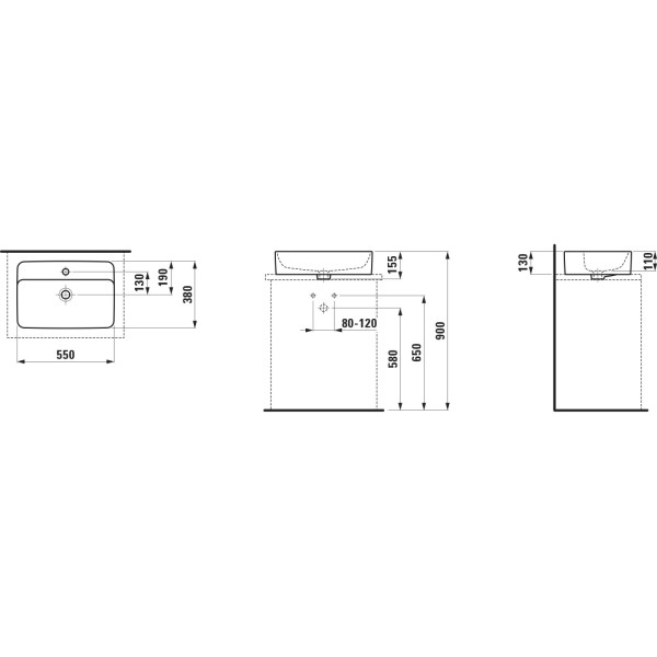 Laufen Waschtisch-Schale SAVOY 380x550x155 rechteckig mit Hahnlochbank m.Hl m.Ül. weiß