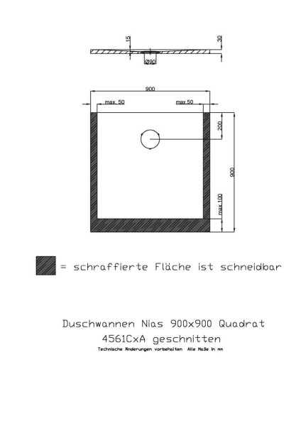Hoesch Duschwanne Nias gesschnitten 900x900x30 strukturierte Oberfläche