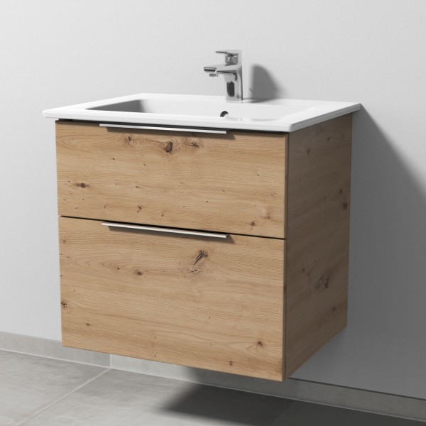 Sanipa 3way Keramik-Set Venticello Keramik-Waschtisch und Unterbau mit 2 Auszügen, Eiche Natural-Tou