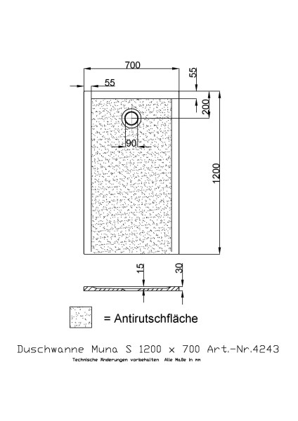 Hoesch Duschwanne Muna S 1200x700x30 mit Antirutsch
