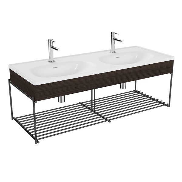 VitrA Equal Set Doppelwaschtisch 130 cm mit Holzblende und Ablagegitter 2 Becken 2 Hahnlöcher,81089