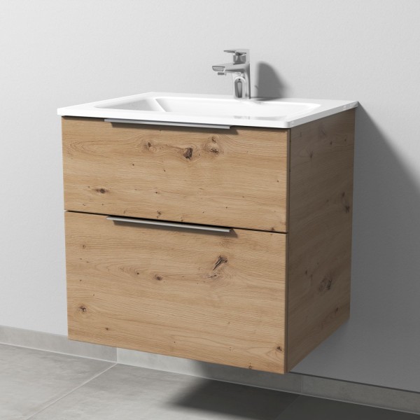 Sanipa 3way Glas-Set Glas-Waschtisch und Unterbau mit 2 Auszügen, Eiche Natural-Touch