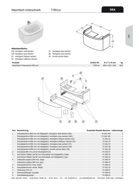 Ideal Standard Ablagebox DEA, für WT-US b:800mm, TV06567 TV06567