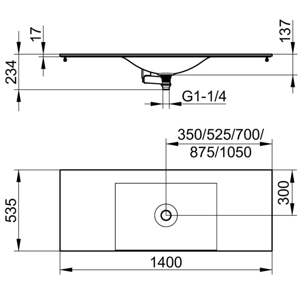 Keuco Varicor-Waschtisch Edition 11 31270, B: 1400, H: 17, T: 535 mm